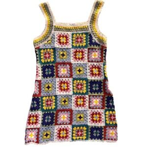 Eye Candy Crochet Granny Square Mini Dress Multi Color Boho Sleeveless One Size